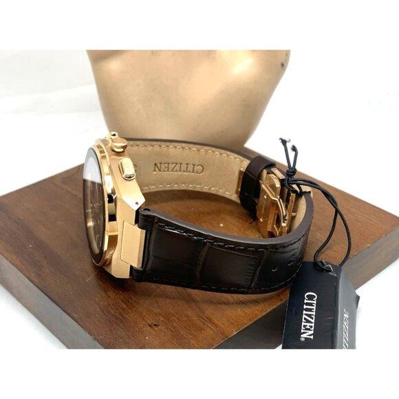 Citizen Mens Watch CA4583-01E Eco Drive Chronograph Rose Gold Brown Leather Band - Picture 10 of 15